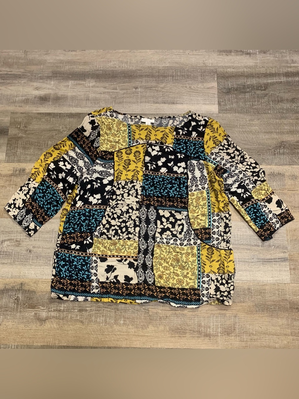 J. Jill Patchwork Floral print 3/4 Sleeve Top Women’s Large Boho Cottagecore